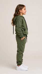 Ensemble de survêtement à capuche vert olive pour filles, manches longues, couleur unie, sweat-shirt et pantalon décontractés avec poches latérales, 100% coton, automne - Product Image 2