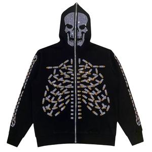 New Arrival <b>Top</b> Selling Men Custom Rhinestones Hoodie Skeleton <b>Skull</b> Hoodie Full Zip up Unisex Hoodie Streetwear Sweatshirt - Product Image 1