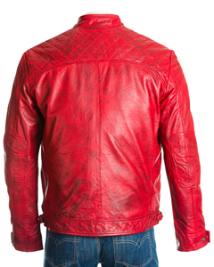 Men's High Quality Red <b>Canvas</b> Genuine Leather Moto Jacket Stand Collar Regular Fit Biker Style Winter Front - Product Image 2