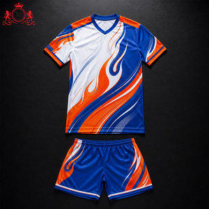 Ensemble de maillots de football personnalisés par sublimation pour hommes, bleu, orange, blanc, design flamme, polyester respirant, uniforme de football pour adultes - Product Image 6