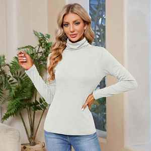 Camisetas de Cuello Alto para Mujer, 100% Algodón, Alta Calidad, Personalizadas, Ajustadas, de Manga Larga, Lisas y Elegantes - Product Image 3