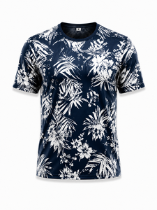 Camiseta de Manga Corta para Hombre, Azul Marino, Estampado Floral, Corte Regular, Cuello Redondo, Estilo Casual, 100% Poliéster, Tejido Transpirable - Product Image 2