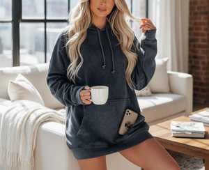 Oversized Acid Washed Denim Blue Raglan Pullover Hoodie Casual Loose <b>Longline</b> Hooded Loose Fit Heavyweight <b>Fleece</b> Pullover - Product Image 5