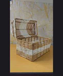 Cesta de Almacenamiento de Cuerda Tejida a Mano con Tapa, Caja de Regalo Decorativa Bicolor Natural, Contenedor Organizador Rectangular Ecológico - Product Image 2