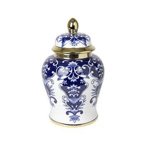 Urne en métal artisanale traditionnelle avec motif floral bleu, vase décoratif rond pour la décoration intérieure, style oriental sous glaçure - Product Image 5