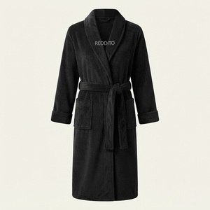 REDDITO <b>Men's</b> Black Fleece Polyester/Cotton Eco-Friendly <b>Robe</b> Long Sleeve Belt Pockets Soft Casual Winter Wear Couple Style 160g - Product Image 1