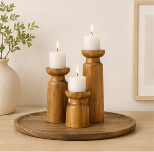 Handcrafted Natural Solid Wood Pillar Candle Holder Set Of 3 Rustic Farmhouse Style Decorative Candlestick <b>Stands</b> For Wedding - Product Image 6