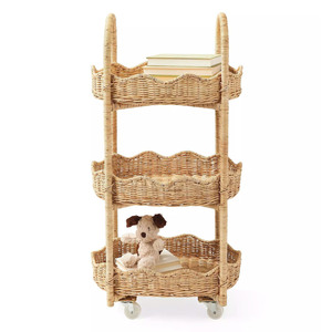 Natural Rattan Rolling Storage Cart With 3 Tiers <b>Woven</b> <b>Basket</b> Organizer For Kids Room Home Decor Multi Purpose Shelf With Wheels - Product Image 1