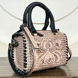 Superbe Sac à Main Western en Cuir Véritable « Speedy » Nouveau Motif Floral Aigle Sculpté, avec Poignée Supérieure et Bandoulière, Petit Sac de Voyage - Product Image 4
