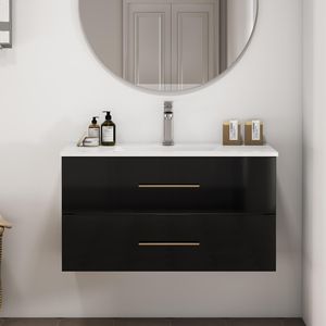 36-Inch Black Gloss Wall-Mounted <b>Bathroom</b> <b>Vanity</b> with Double Drawers and Ceramic Sink Long Gold Metal Handle Easy Installation - Product Image 1