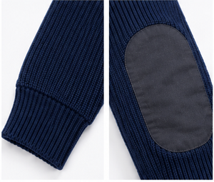 Suéter de punto acanalado azul marino con cuello en V y parches en hombros y codos - Product Image 3