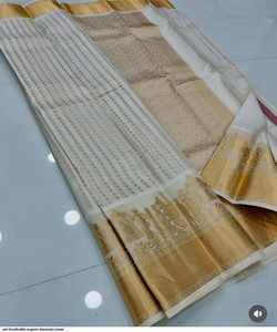 Sari de seda orgánica Banarasi con borde dorado y diseño de templo para bodas, sari tradicional indio para mujer - Product Image 1