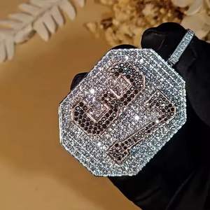 Colgante Octagonal Hip Hop con Número 21, Plata de Ley 925, Perla de Agua Dulce, Moissanita Negra y Blanca, Micro Pavé, Clásico, Unisex - Product Image 1