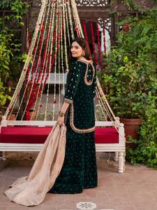 Ensemble Sharara en velours de viscose orné, Salwar Kameez avec Dupatta, vert, tenue de fête ethnique pour femmes - Product Image 2