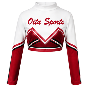 Red White Sublimated Cheer <b>Long</b> Sleeve Uniform Set Pleated <b>Skirt</b> Team Sportswear Athletic Training Practice Performance Custom - Product Image 1
