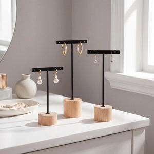 Simple Metal Earring Stand With Wooden Base <b>For</b> Jewelry Display Home Organization And <b>Dressing</b> <b>Table</b> <b>Storage</b> From India - Product Image 1