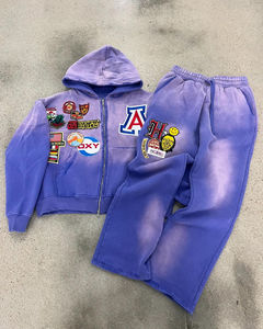 Conjunto de Sudadera con Capucha y Pantalones Deportivos para Hombre, Estilo Vintage, Lavado, Bordado, Efecto Desgastado por el Sol, con Cierre Completo y Pantalones Acampanados - Product Image 3