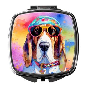 Basset Hound Hippie Dawg compacto plegable de mano espejo de maquillaje portátil de bolsillo de viaje regalo decorativo para mujeres y niñas - Product Image 1
