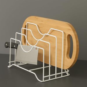Étagère à assiettes en métal blanc avec porte-couteaux, organisateur de rangement de cuisine sur pied, design minimaliste - Product Image 4