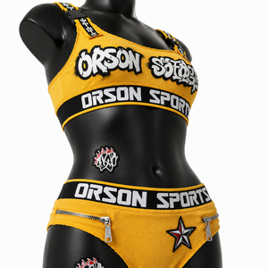 Ensemble bikini deux pièces pour femme Orson Sports, haut bandeau côtelé avec fermetures éclair, bas de bikini hipster, imprimé graphique jaune et noir - Product Image 5