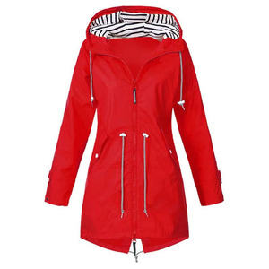 Impermeable para mujer, chaqueta de lluvia con capucha de longitud media, rosa, azul, verde, rojo, negro, azul marino, cortavientos para exteriores, abrigo con cremallera - Product Image 3