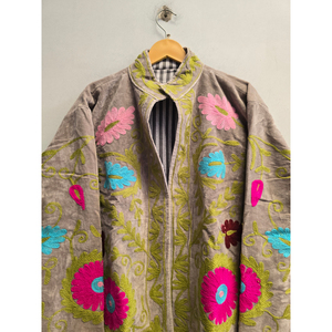 <b>Women</b>’s <b>Velvet</b> Jacket with Mandarin Collar and Colorful Floral Embroidery, Long Sleeve Vintage Bohemian Prairie Chic Autumn <b>Coat</b> - Product Image 2
