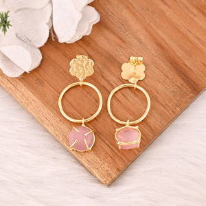 ต่างหูพลอยตาแมวสีชมพูสง่างามเครื่องประดับทองเหลืองสำหรับผู้หญิง - Product Image 5