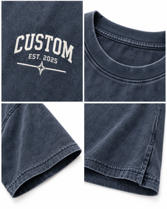 T-shirt unisexe surdimensionné bleu marine délavé à l'acide 240 GSM 100 % coton, avec logo sur la poitrine gauche, style vintage, vente en gros personnalisée - Product Image 6