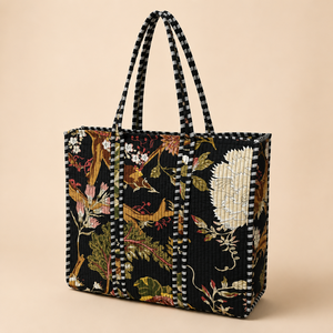 Designer Oriental Floral Tote <b>Bag</b> Oversized Quilted Cotton Zipper Closure Shoulder Shopper <b>Women</b> Travel Work <b>Beach</b> Carry Handbag - Product Image 1