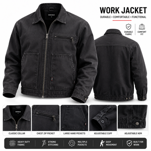 Veste de travail noire en coton pour homme avec fermeture éclair et poches, style mode respirant pour le travail - Product Image 2
