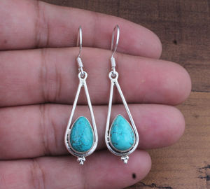 Boucles d'oreilles pendantes en turquoise naturelle, plaquées argent sterling 925, bijoux de luxe pour mariage, forme goutte d'eau, vente en gros pour femmes - Product Image 1