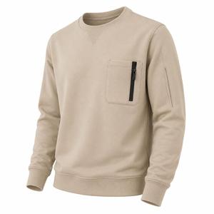 Sweat-shirt pour homme beige à col rond, coupe ample, couleur unie, poche zippée, style décontracté, tricot en coton, style hiver, pull, écologique - Product Image 2