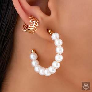 Boucles d'oreilles élégantes PRAO Pearl Hoops et Leafy Ear Cuff Set - Product Image 5