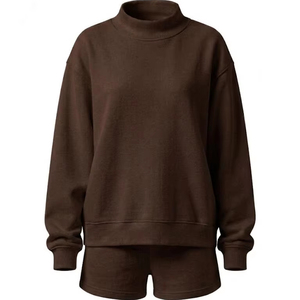 Conjunto de Sudadera y Pantalones Cortos Oversize Lisos para Mujer, de Algodón y Felpa, Listo para Impresión Personalizada - Product Image 1