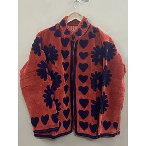 Hand Embroidered <b>Velvet</b> Cotton Jacket <b>Women</b> Full Sleeve Mandarin Collar Winter Bohemian Heart Pattern <b>Coat</b> - Product Image 1