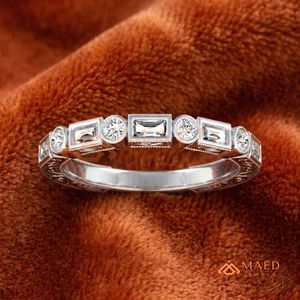 925 Sterling Silver Moissanite <b>Ring</b> Alternating Baguette and Round Cut Wedding Band for <b>Women</b> Bezel <b>Set</b> Lab Diamond Jewellery - Product Image 1