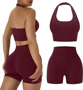 Women's Yellow Two Piece Yoga Set Strapless Halter Crop <b>Top</b> High Waist Shorts <b>Stitch</b> Quick Dry Breathable Seamless Sportswear - Product Image 6