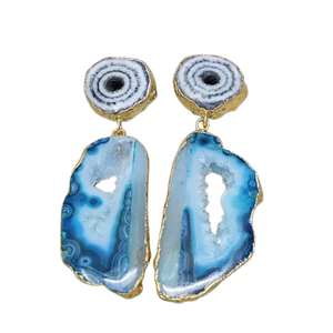 Pendientes de latón con drusa azul y piedras preciosas de cristal, tallados con grabado electrochapado en plata, estilo mascota - Product Image 2