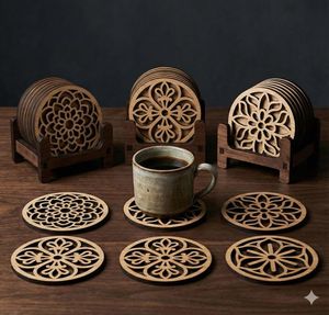 Posavasos de madera Terr wood Design, redondos, hechos a mano, de madera natural, estilo Wabi Sabi, juego de posavasos para mesa. - Product Image 4