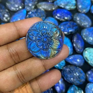 Natural Blue Labradorite Hand Carved Cabochon – Floral Design Gemstone | High Flash <b>Fire</b> | Wholesale Lot Mix Shape & Size. - Product Image 1