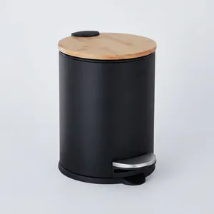 Cubo de Basura Moderno de Metal Negro con Tapa de Bambú Natural y Cubo Interior Extraíble para Cocina, Baño, Oficina y Hogar - Product Image 1
