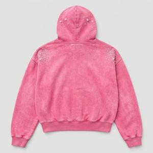 Sudadera con capucha rosa con cremallera unisex, con letras estampadas de perlas y pedrería, 100% algodón, para invierno, con logo frontal, servicio OEM - Product Image 2