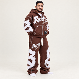 Ensemble de survêtement à capuche marron pour homme Rexfit Sports, imprimé streetwear, sweat-shirt à fermeture éclair et pantalon de survêtement à jambes larges, vêtements d'automne - Product Image 1