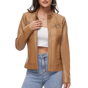 Chaqueta de Motociclista de Cuero Genuino Color Bronceado para Mujer, con Cuello Alto y Cierre de Cremallera - Product Image 1