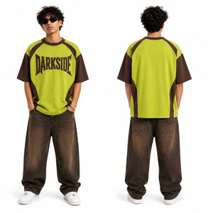Darkside <b>Men's</b> Green Brown Raglan Sleeve Oversized T-<b>Shirt</b> O-Neck Printed Letter Design Street Style Knitted Embossed T-<b>Shirt</b> - Product Image 2