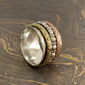 Vintage Sterling <b>Silver</b> Triple <b>Spinner</b> Band <b>Ring</b> Textured Dot Meditation Anxiety Relief Jewelry for Men Women - Product Image 4