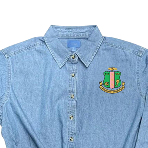   เสื้อเชิ้ตยีนส์ปักลายโล่ห์ แขนยาว สีฟ้าอ่อน สำหรับผู้หญิง ผ้าฝ้าย ติดกระดุม คอปก สไตล์กรีก สำหรับสตรีนักศึกษา ชุดลำลอง - Product Image 6