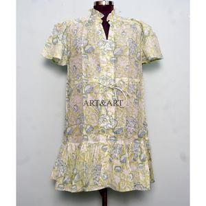 เดรสสั้นลำลองผ้าฝ้ายลายลูกไม้สไตล์หวานสำหรับผู้หญิง  ลายพิมพ์บล็อกด้วยมือ ทรงเอไลน์ น่ารัก มีกระเป๋า เรียบง่าย ใส่ได้ทุกวัน - Product Image 2