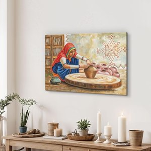 Acrylic Hand-made Paper Woman Making Pots <b>Indian</b> Village Scene Wall <b>Art</b> Painting Depicting Traditional Rajasthani Woman Shaping - Product Image 3