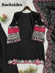 New Trending black Silk <b>Top</b>-Sharara Dupatta Set Embroidery <b>Sequins</b> Work Fully Stitched Ready Wear Diwali <b>Party</b> Premium Dress - Product Image 4